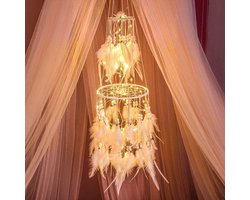 Dreamcatcher - Dromenvanger - Met LED Verlichting & Handgemaakt - 1 Stuks - Slaapkamer Decoratie Wit