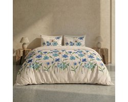 Dreamers Den Fleurette Blauw – Dekbedovertrek 100% Katoen met Bloemenprint en Extra Lange Instopstrook – Tweepersoons 200x200/260 cm