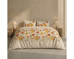 Dreamers Den Fleurette Terra – Dekbedovertrek 100% Katoen met Bloemenprint en Extra Lange Instopstrook – Eenpersoons 140x200/260 cm