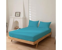 Dreamers Den - Hoeslaken - 100% Katoen Percaline - Katoen - Turqoise Blauw - 160x200cm - 28cm Hoekhoogte