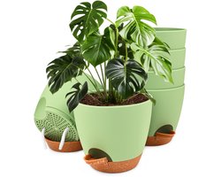 Dreamhigh® 6st Bloempot Rond - Vaas 15.2cm - Zelfwaterende Plantenpot met Bruine Schotel - Bewateringsopening en Katoenen Koord - Plantenbak Aan Deur Binnen Buiten