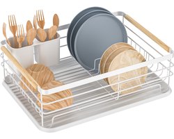 Dreamhigh® Afdruiprek met Lekbak - Afwasrek met Lekbak en Bestekhouder - Vaatwasrek - Afdruiprek voor afwas - Geschikt voor Gezinnen van 3-5 Personen - 43 x 30.5 x 14 CM - Wit