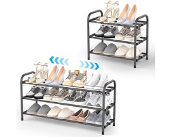 Dreamhigh® Uitschuifbaar Schoenenrek – 3 Laags Metalen Schoenenrek met Verstelbare Breedte - 42–80 cm - Ideaal voor Gangen - Entrees - Kasten en Buitengebruik - Zwart