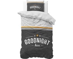 Dreamhouse - Eenpersoons Dekbedovertrek Goodnight Kiss - Antraciet 140x220 cm - Katoen - Dekbedovertrek met kussensloop