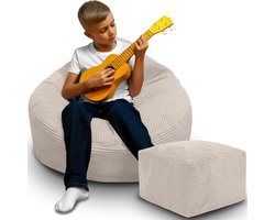DreamRoots Zitzak voor Volwassenen & Kinderen – Corduroy Bean Bag Stoel met Voetsteun & Hoes – Inclusief Vulling – 70x70x70 cm – Vanilla Ice