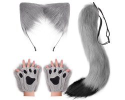 DRESHOW Wolf Vosbont Staart Oren Hoofdband en Handschoenen Set Cosplay Feestkostuum Super Grote Pluizige Staart voor Vrouwen