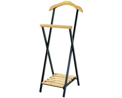 Dressboy – Zwart staal en massief hout – Moderne kledingstandaard – 45 cm breed, 45 cm diep, 110 cm hoog