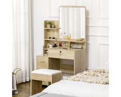 Dressing Table – Kaptafel – Make-up Tafel – Schminktafel – Toilette – Grote Spiegel – 4 Lades & Open Opbergruimte – Natuurlijk Hout