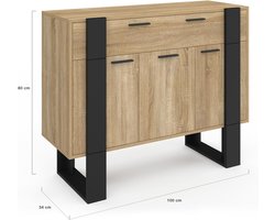Dressoir 100 cm – 3 Deuren en 1 Lade, Hout met Zwarte Accenten, Stijlvol en Functioneel Meubel voor Woonkamer of Hal