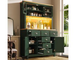 Dressoir 104x40x180 cm - opbergkast - keukenkast - buffetkast - landelijke stijl - 4 deuren - met LED-verlichting en drankrek - groen