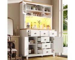 Dressoir 104x40x180 cm - opbergkast - keukenkast - buffetkast - landelijke stijl - 4 deuren - met LED-verlichting en drankrek - wit