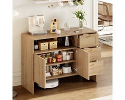 Dressoir 105 x 40 x 76 cm - keukenkast - met 3 lades - rotan ladekast - zelfbedieningskeukenkast - houtkleur