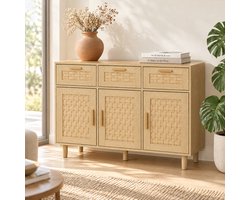Dressoir 107,9x40x80 cm - Opbergkast met 3 Deuren en 3 Lades - Rotanlook Design - Buffetkast voor Woonkamer, Eetkamer en Slaapkamer - Natuurlijke Houtkleur