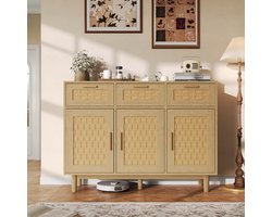 Dressoir 108x40x80 cm, opbergkast met 3 deuren en 3 lades, kast met rotanlook design, buffetkast voor woonkamer en eetkamer, licht houtkleur