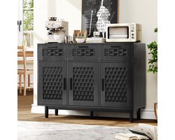 Dressoir 108x40x80 cm, opbergkast met 3 deuren en 3 lades, kast met rotanlook design, buffetkast voor woonkamer en eetkamer, zwart