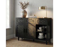 Dressoir - 108x40x80cm - met 3 lades en 3 deuren - Opbergkast met veel opbergruimte - hout en metaal - rotan look - zwart