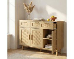 Dressoir 108x40x80cm - Opbergkast met 3 Lades en 3 Deuren - Rattan Look Hout - Houtkleur