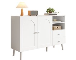 Dressoir 118x35x82 cm Wit - Gewelfde deuren - Houten handgrepen - Houten poten - 2 deuren 2 laden - 2 open vakken - Multifunctionele opbergruimte - Voor woonkamer eetkamer hal