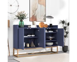 Dressoir 120 cm, moderne buffetkast met 4 deuren, ladekast met verstelbaar rek en robuuste metalen poten, voor woonkamer en eetkamer, blauw