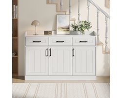 Dressoir - 120 x 35 x 80 cm - 3 Laden en 3 Deuren met Verstelbare Planken - Gestreept Design - Houtmateriaal - Wit