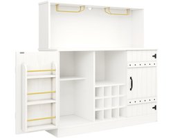 Dressoir (120 x 40 x 120 cm), elegante houtnerf, wijnglasrek, meerlaagse opbergruimte, wit met zwart decor, scheidingswand