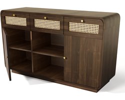 Dressoir - 120 x 40 x 85 cm - 3 laden, 2 deuren en open vakken - Walnootkleurig met rotanfronten - Voor woonkamer of eetkamer