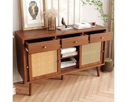 Dressoir 120x40x78cm - met 3 lades - deur met rotan weefsel - gouden handgrepen - verstelbare plank - walnootkleur
