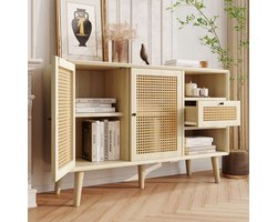 Dressoir 120x40x80 cm - met 1 lade - deurtjes van riet - zwarte handgreep - verstelbare plank - eikenkleur