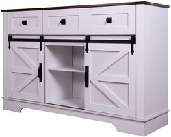 Dressoir 136×40×87 cm Grote Opslag Kast Wit Bruin Met Schuifdeur Landelijke Stijl Met 3 Lades Wijnrek En Glazenhouder