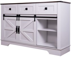 Dressoir 136×40×87 cm Wit Bruin Met Schuifdeur Landelijke Stijl Met 3 Lades Wijnrek En Glazenhouder Grote Opslag Kast