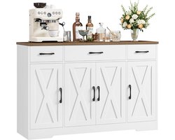 Dressoir 140 cm met verstelbare planken en 3 laden - Opbergkast voor woonkamer, keuken en hal - Wit met antiek