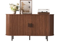 Dressoir 140 cm - Walnoot Sideboard Met Schuifdeuren - Opbergkast Met Ribbelfront - Zwarte Metalen Poten