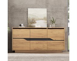Dressoir - 140 x 40 x 70 cm - 3 Deuren met Verstelbare Planken - Greeploos Ontwerp - Houtmateriaal - Naturel/Zwart