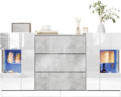 Dressoir - 140x35x75 cm - Met 2 Deuren En 3 Lades - Hoogglans Front - LED Verlichting - MDF Glas - Wit Marmerlook