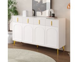 Dressoir 140x37,8x82 cm – 4 deuren, 4 lades met gouden handgrepen en poten, uitneembaar laminat, geschikt voor woonkamer & eetkamer
