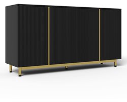 Dressoir, 150 cm, buffetkast met golfvormige, gegroefde deuren, verstelbare metalen poten, moderne eettafel, kantelveilig, geschikt voor eetkamer, keuken en woonkamer – zwart
