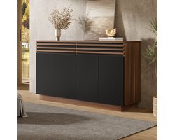 Dressoir - 150 x 40 x 85 cm - 2 Laden en 4 Deuren - Bruin Hout met Zwarte Deuren - Veel Opbergruimte - Houtmateriaal - Bruin/Zwart