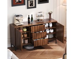 Dressoir 150cm donker eiken nerf, 3 laden, groot dressoir, keukenkast, eendelige uitsparing, decoratieve kast in mid-century modern design voor keuken, woonkamer, entree, hal