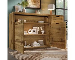Dressoir 150x40x90 cm - met open vakken - 4 lades - verstelbare planken - kantelbeveiliging - eikenkleur