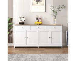 Dressoir 160 cm met 4 Deuren en 3 Laden, Buffetkast met Verstelbare Planken, Witte Opbergkast met Houtlook, Landelijke Kast voor Woonkamer
