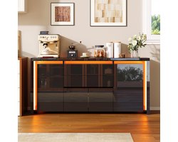 Dressoir 160x35x75 cm, Modern Zwarte Glanzende Keukenkast, Buffetkast met 3 Laden, 2 Deuren & Ingebouwde LED, Opbergmeubel Voor Keuken/Woonkamer/Eetkamer