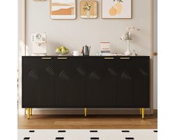 Dressoir - 160x80x40 cm - Met 4 Deuren Gouden Grepen - Hoogglans Poten - Hout - Zwart