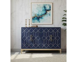 Dressoir 4 Deuren Blauw – Stijlvolle Commode Buffetkast met Gouden Accenten voor Woonkamer, Keuken, Slaapkamer & Eetkamer – Ruime Opbergruimte, Duurzaam Houten Meubel Medahomestore