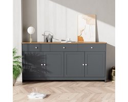 Dressoir - 4 Deuren en 3 Lades - Houtlook - Woon- en Eetkamer - Grijs/Zwart