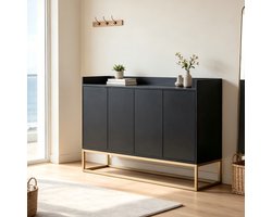 Dressoir 4 deuren met gouden metalen onderstel - 120 × 30 × 80 cm - Modern Opbergkast voor Keuken, Woonkamer en Hal - Zwart