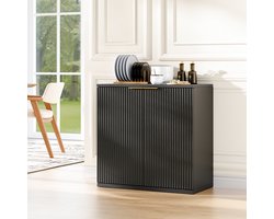 Dressoir - 60 x 30 x 70 cm - Opbergkast met Geribbelde Front en Metalen Greep - MDF - Zwart/Hout
