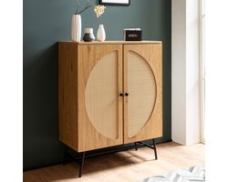 Dressoir 80x103x39 cm Hoge kast eiken decor met rotanweefsel Moderne, hoge ladekast, staande kast met 2 deuren, ladekast Dressoir woonkamer