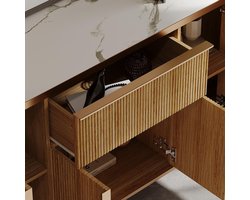 Dressoir Altameubel – Retro Houten Opbergkast met Marmeren Werkblad, 1 Lade en 4 Deuren – Gouden Handgrepen en Metalen Poten – Woonkamer, Eetkamer, Hal – 160x40x82 cm