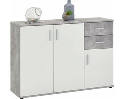 Dressoir Ares Beton - Wit - Breedte 120.5 cm - Hoogte 83 cm - Diepte 35 cm - Met lades - Met planken - Met openslaande deuren