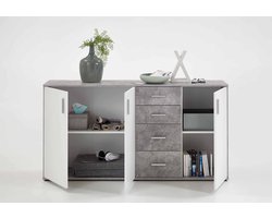 Dressoir Ares Beton - Wit - Breedte 160.1 cm - Hoogte 83 cm - Diepte 35 cm - Met lades - Met planken - Met openslaande deuren